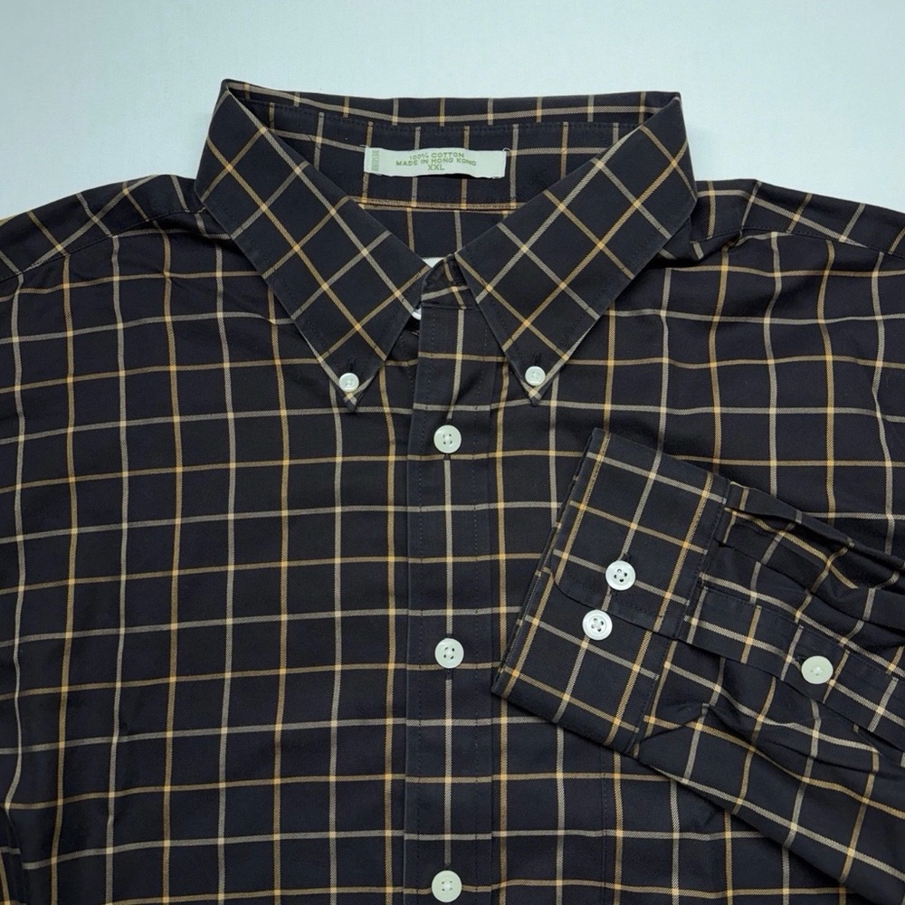 Orvis XXL Button Down Shirt Brown Gold Windowpane‎ 100% Cotton